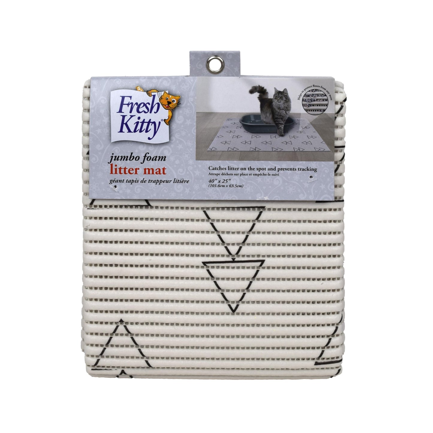 Fresh Kitty Durable XL Jumbo Foam Litter Mat – Phthalate and BPA Free, Water Resistant, Traps Litter from Box, Scatter Control, Easy Clean Mats – White Triangles 40" x 25"