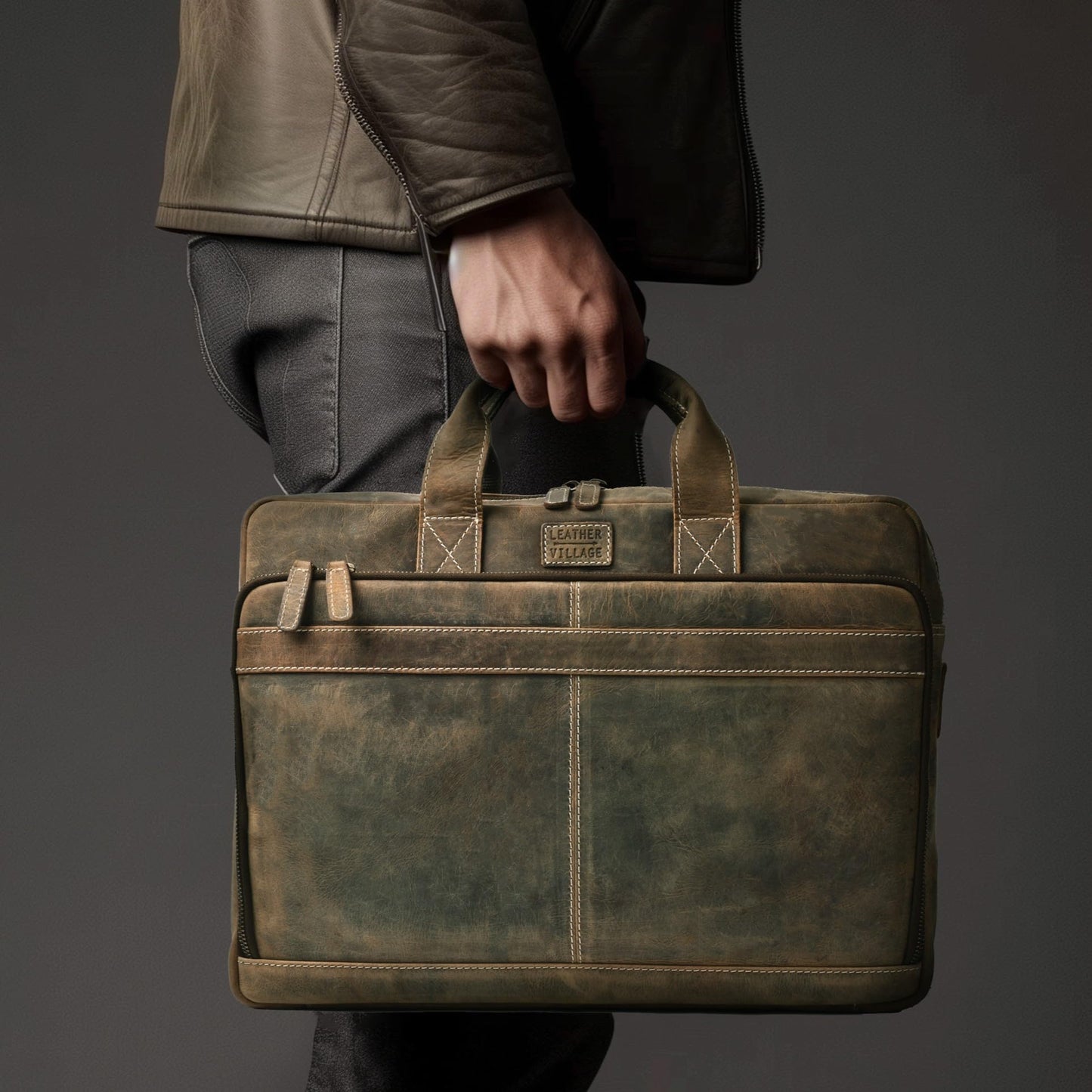 LEATHER VILLAGE 18" Leather Laptop Messenger Briefcase Bag for Men-Leather Satchel for Travel and Office Shoulder Bag-Rustic Brown
