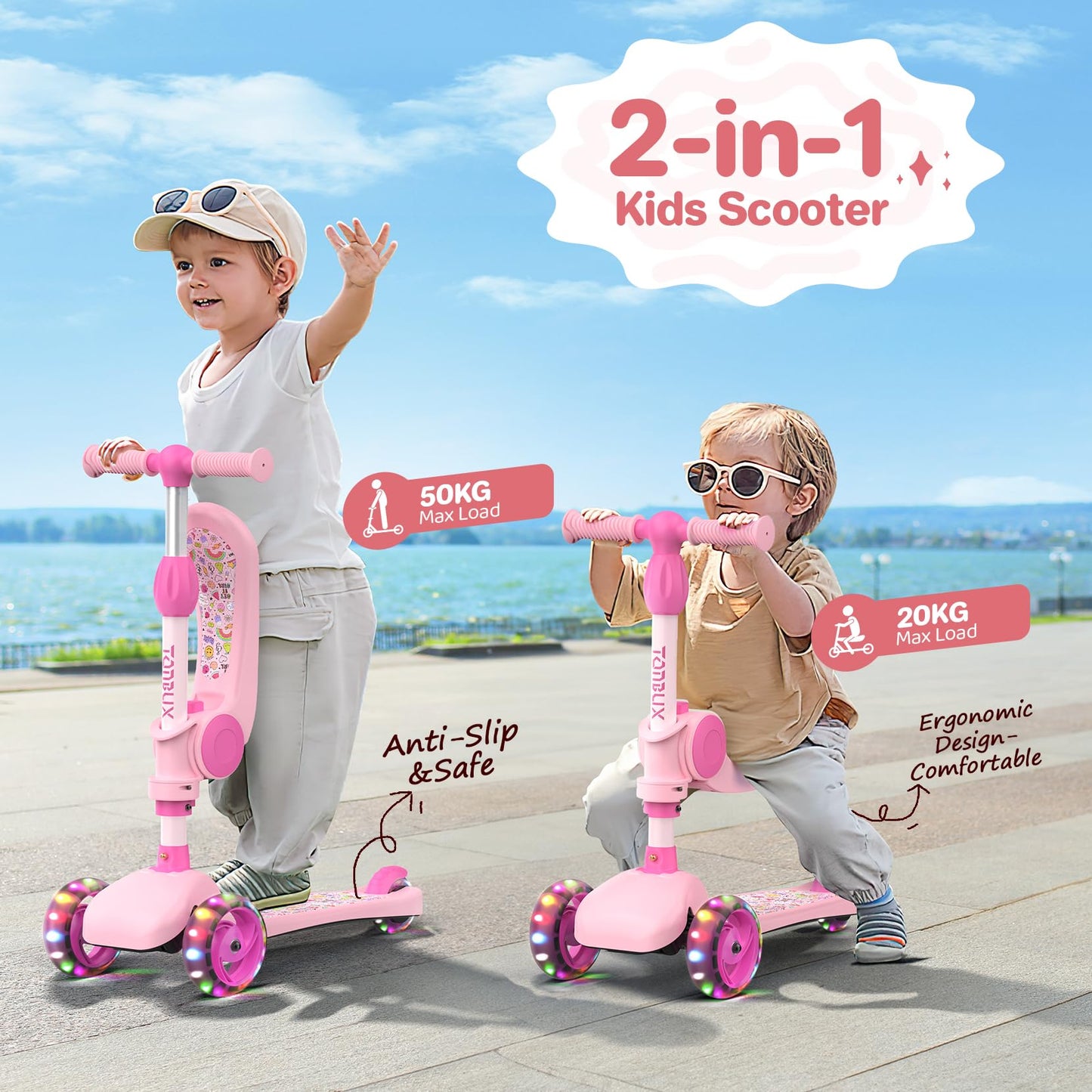 TONBUX Kids Scooter with Seat, 3 Wheels Scooter with PU Luminous Wheels, Non-Slip Handle and Wide Deck, Sensitive Brakes, 4-Level Adjustable Height, Scooters for Kids 2–8 Years Pink