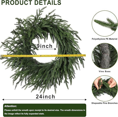 Artgar 24 Inch Christmas Pine Wreath Christmas Wreaths for Front Door, Real Touch Artificial Green Pine Wreath for Home Indoor Outdoor Wall Window Porch Farmhouse Winter Decor