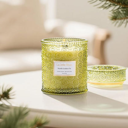 LA JOLIE MUSE Christmas Candles, Starlit Golden Fir Candle – Pine, Cedarwood, Fir Balsam | 19 oz Large Wooden Wick Candle | Natural Soy Wax | 90 Hours Clean Burn | Gift-Ready for Hosts & Gatherings