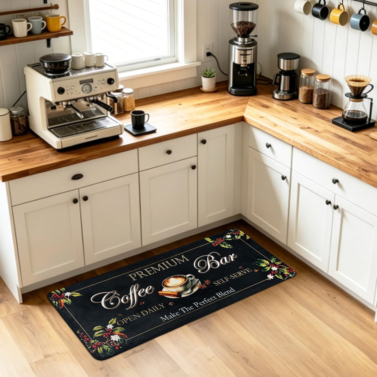 XSYarn Coffee Kitchen Rug, 20"x48" Coffee Bar Rug Low-Pile Kitchen Runner with Non-Slip TPR Backing Washable Floor Mat Home Decor Black