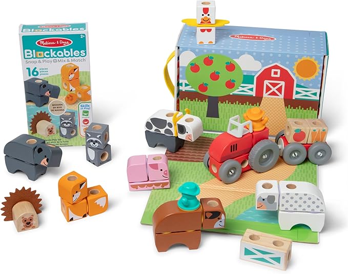 Melissa &amp Doug Blockables™ Farm and Farm Friends 2-Pack Bundle Connectable Wooden Building Blocks Preschool Play Set Toy
