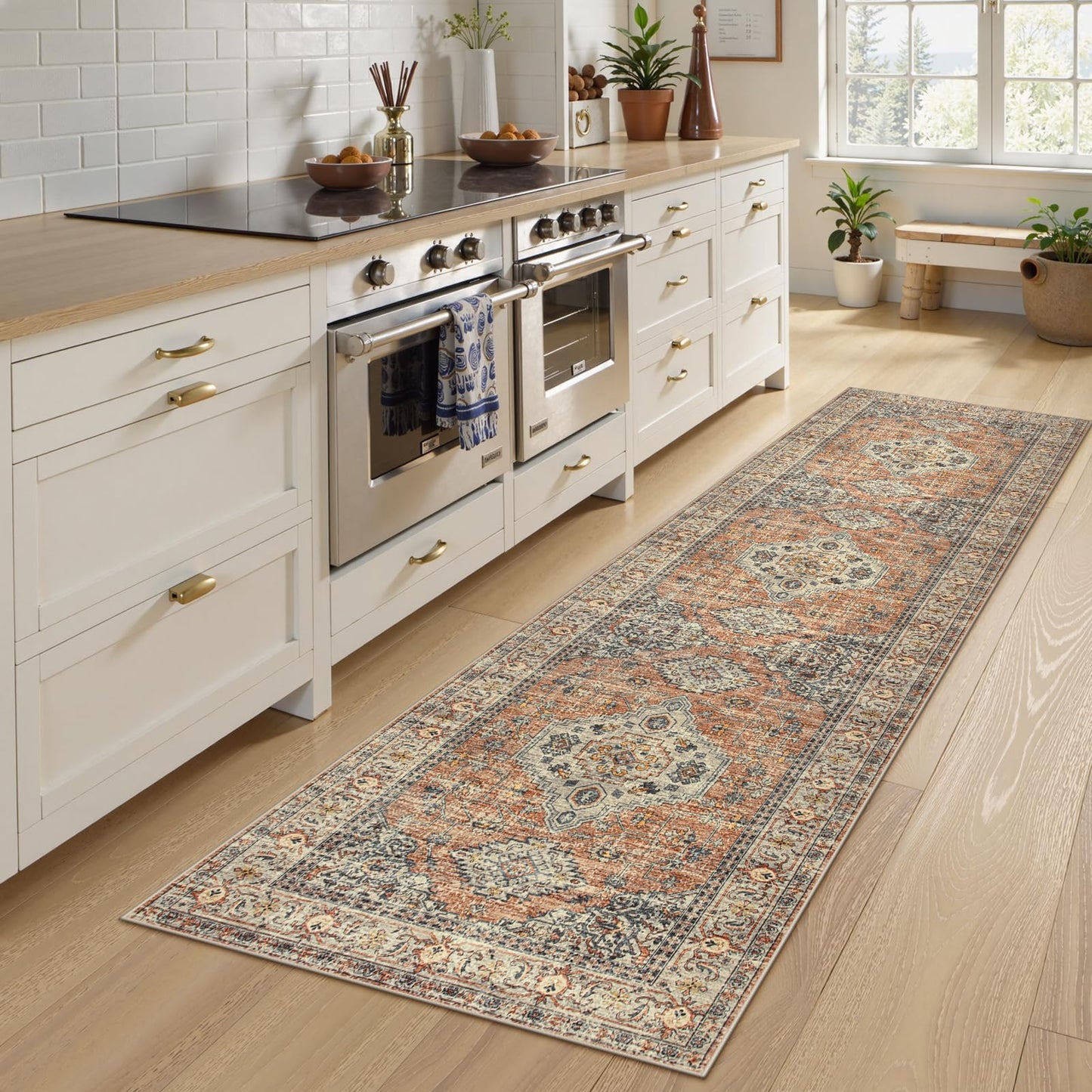 Lahome Oriental Hallway Runner Rug, 2.5x8 Kitchen Runner Non Slip Ultra-Thin, Soft Washable Hallway Rug Distressed Long Carpet for Entryway ‎Laundry Room Bathroom Eleanor, Peach/Orange