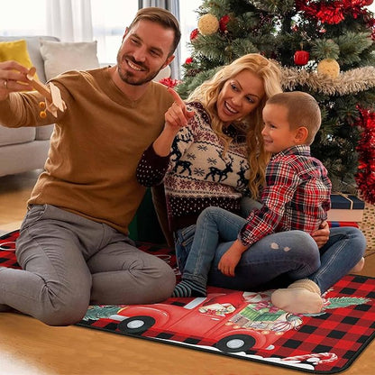 Buffalo Plaid Red Truck Christmas Kitchen Rugs 2 PCS, Merry Christmas Kitchen Rug, Non Skid Washable Soft Comfort Kitchen Rugs Set (17"x47"+17"x30",Merry Christmas)