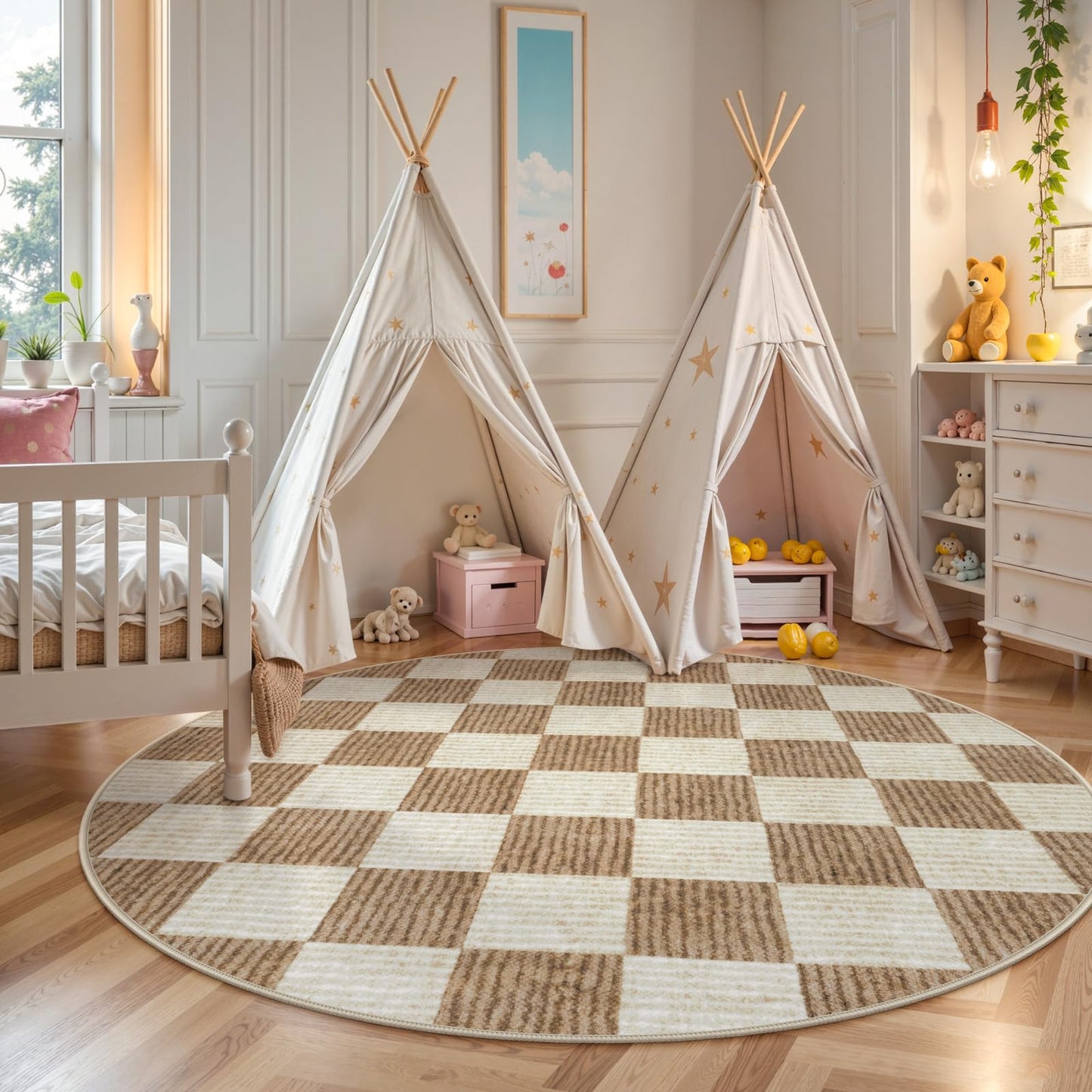 LIVEBOX Checkered Round Rug 6 Ft Washable Area Rug for Playroom Classroom, Kids Non-Slip Neutral Classic Circle Rug Geometric Large Carpet Soft Boys Nursery Rug for Dorm Bedroom(Brown,180R)