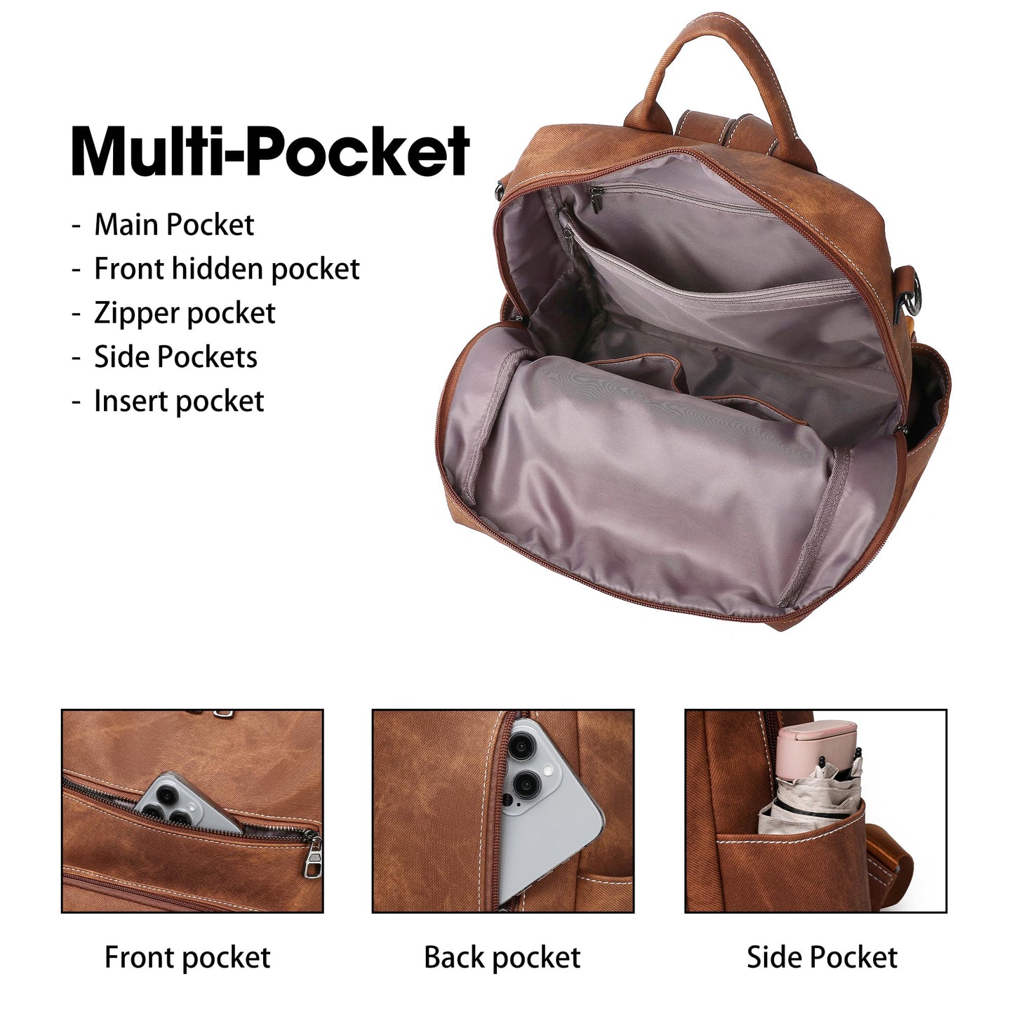 WYFJNX Backpack Purse for Women PU Leather Backpack Ladies Fashion Handbag Designer Shoulder Bag Small Travel Bag Brown