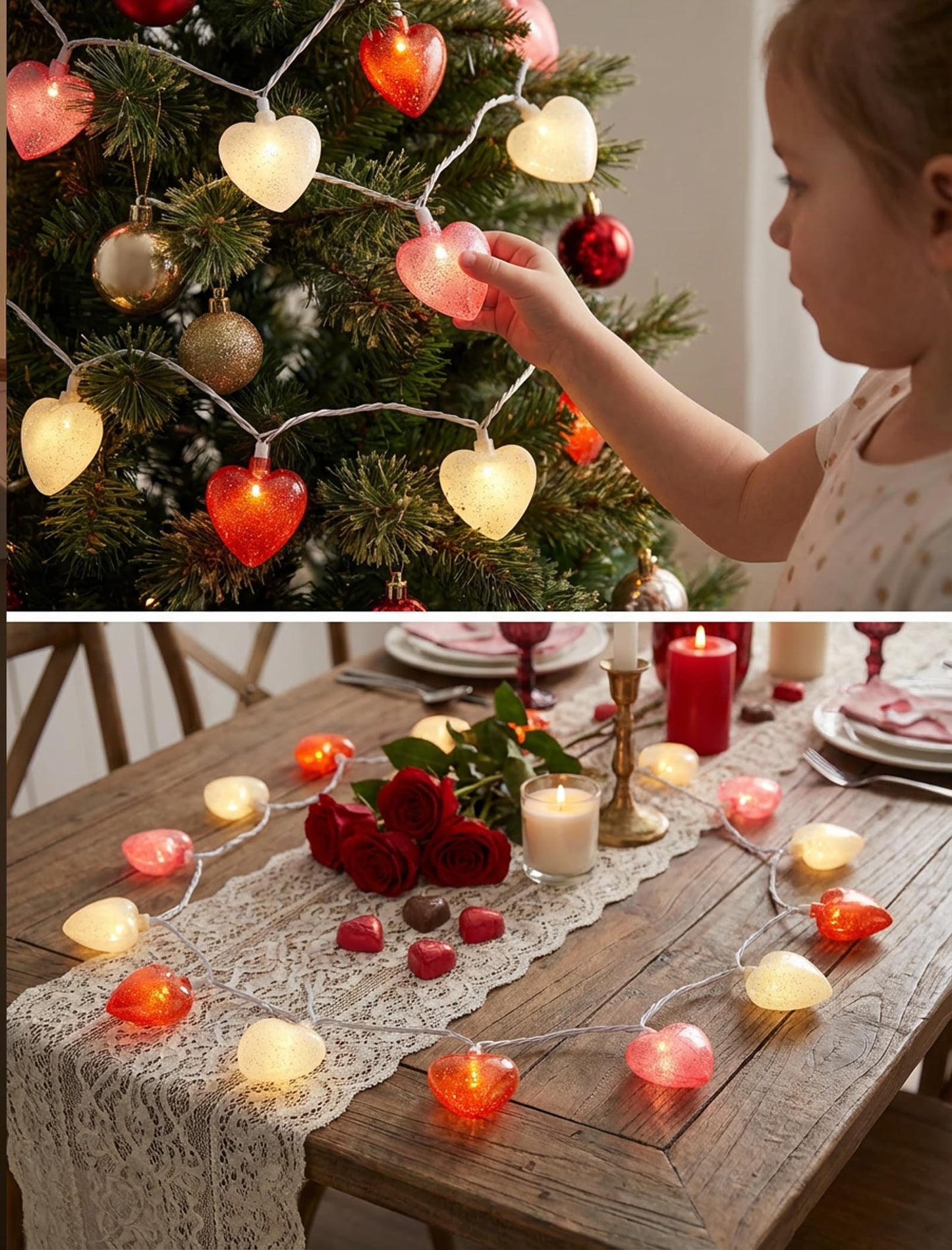 Valentines Day Heart String Lights Plug in, 8.5Ft Indoor Outdoor Valentine's Day Decorations String Lights with 10 LED Red Pink and White Heart Lights for Wedding Party Window Christmas Birthday Decor