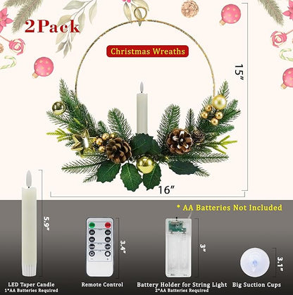 2Pack Christmas Wreaths for Front Door with Lights & Flickering LED Taper Candles & Remote, 16'' Windows Wreaths, Fireplace Christmas Decorations - Gold