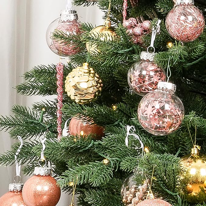 XmasExp 32ct Christmas Ball Ornaments Set -Rose Gold Clear Plastic Shatterproof Xmas Tree Ball Decorations Hanging Baubles for Holiday Decor