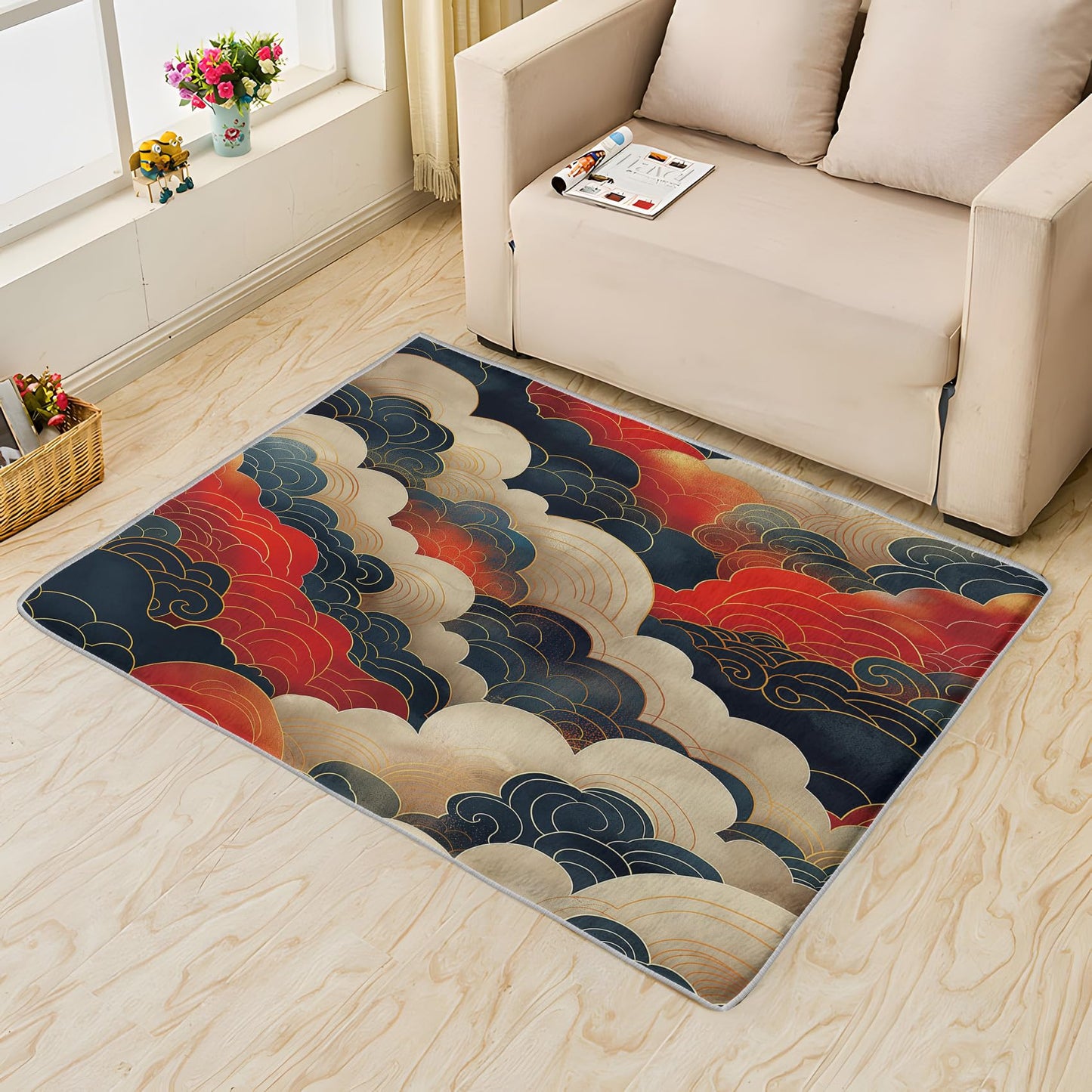 Zylphult Japanese Cloud Rug 4x5 Area Rugs for Bedroom Living Room, Oriental Area Rug, Asian Carpet Machine Washable Non-Slip Rug, Soft Low Pile Area Rug, Indoor Decorative Rugs L&d166