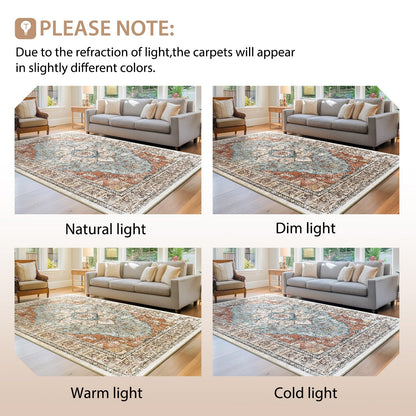 BESTSWEETIE 8x10 Area Rug Washable Rugs for Living Room, No Pile Boho Carpet for Entryway Bedroom Dinning Room, Vintage Carpet Print Distressed Non-Slip, 8 x 10 ft, Green Brick Rust Red