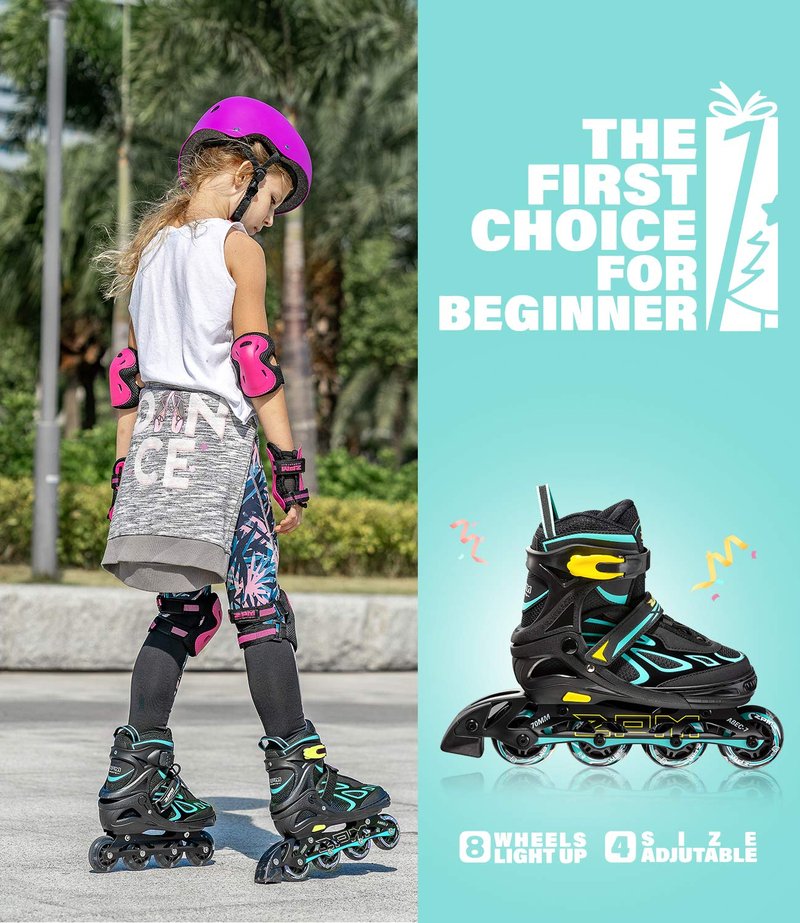 2PM SPORTS Vinal Girls Adjustable Flashing Inline Skates, All Wheels Light Up, Fun Illuminating Skates for Kids and Men - Cyan Small (11C-13C US)