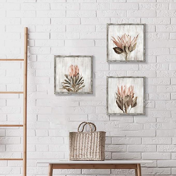 Pink Floral Wall Art Picture: Blossom Protea Flower Artwork Print on Rustic Wood Framed for Home Decor (12” x 12” x 3 Panels)