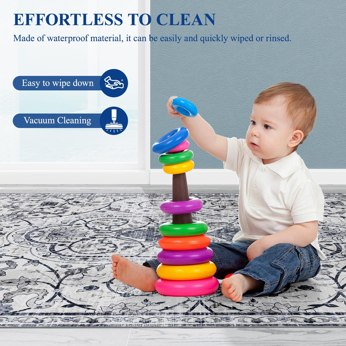 SALLOUS Vinyl Floor Mat for Home, 5' x 8' Waterproof Area Rug for Living Room, Non-Slip Area Rug for Under Dining Table, Vinyl Hard Floor Protector Mat for Bedroom, Kitchen, Bathroom (Grayish Blue)