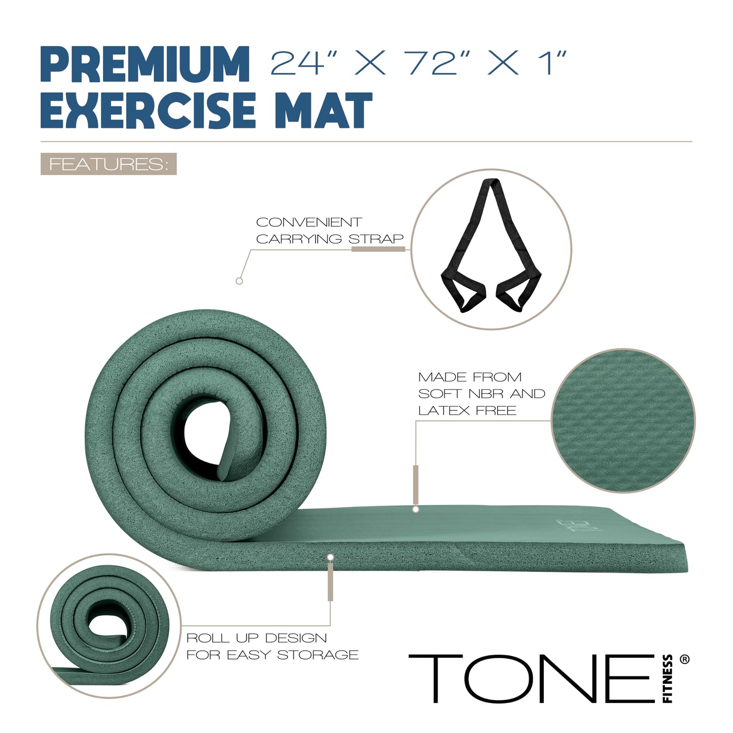 Tone Fitness Premium Extra Thick 1-Inch High Density Exercise Mat with Carry Strap – Non-Slip Workout, Pilates, and Yoga Mat for Home Gym - Color Teal - Diamond Pattern