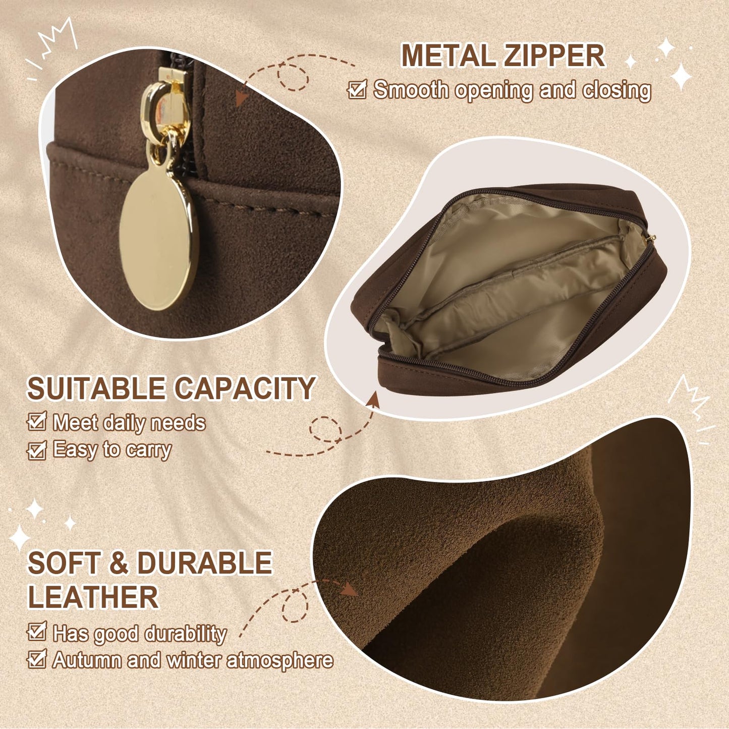 UIXIZQ Small Makeup Pouch for Purse, Suede Travel Toiletry Storage Pouch Cute Preppy Cosmetic Bag for Women Girls, Waterproof Makeup Organizer Skincare Bag Purse with Zipper (Small-Coffee)