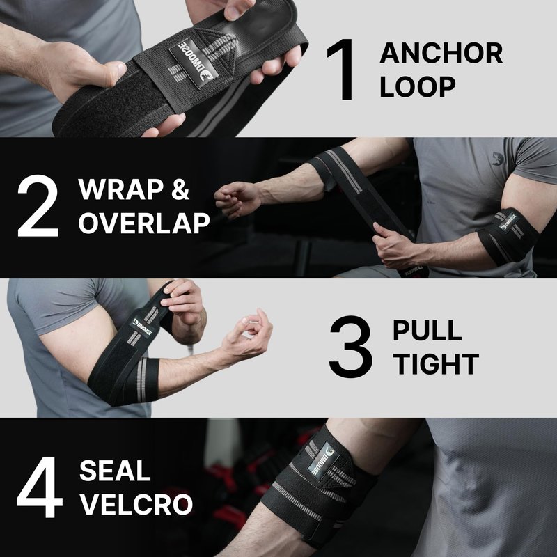 DMoose Fitness Elbow Wraps for Weightlifting (Pair) - 40'' Adjustable Elbow Strap for Gym Workout & Bench Press, Compression Elbow Wraps for Tendonitis & Joint Support, Elbow Sleeve (Black)