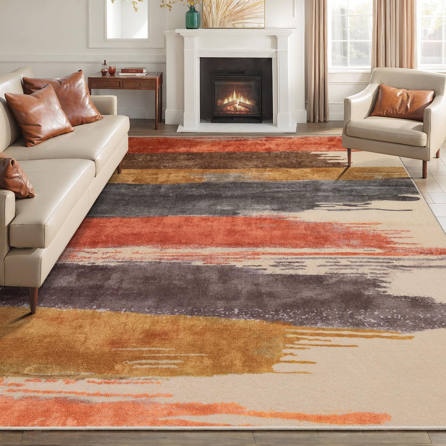 Ciicool Modern Abstract Rug for Living Room, 5'x7' Machine Washable Area Rug Non-Slip Rug, Low-Pile Contemporary Indoor Dining Floor Carpet for Bedroom Office Under Table Home Decor Red Yellow Gray