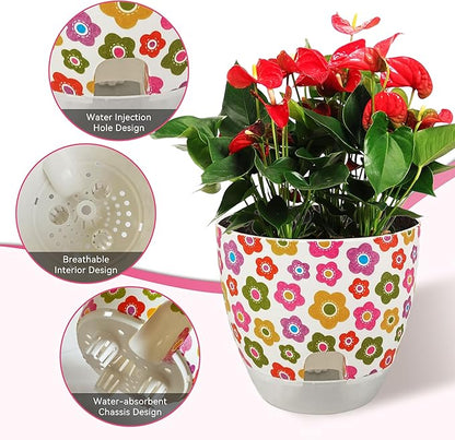 Print Flowerpots Round Plant Pots - 2 Pack Outdoor Garden Planter Plastic Indoor Modern Decorative Succulent Houseplant Pot with Drainage 5FP-COLFLW