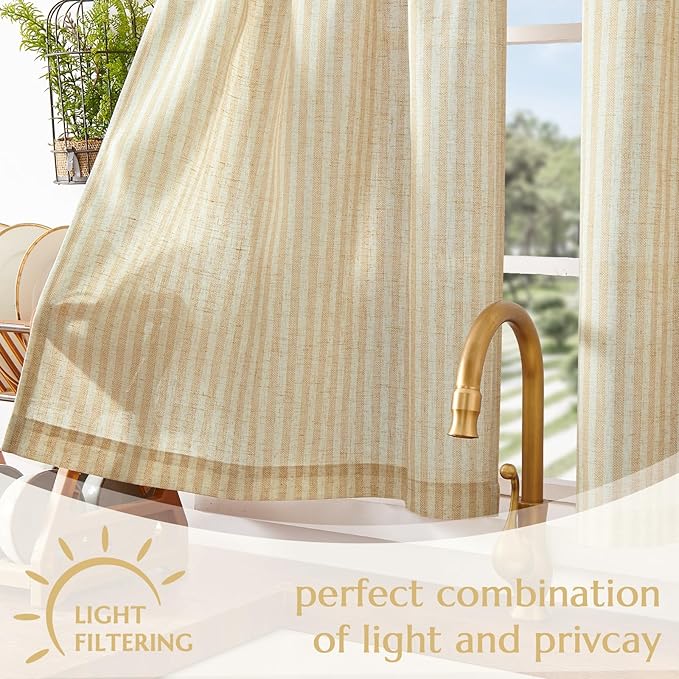 jinchan Linen Kitchen Curtains Striped Tier Ticking Stripe Pinstripe Cafe 36 Inch Length for Living Room Bathroom Farmhouse Rustic Curtains Rod Pocket 2 Panels Beige