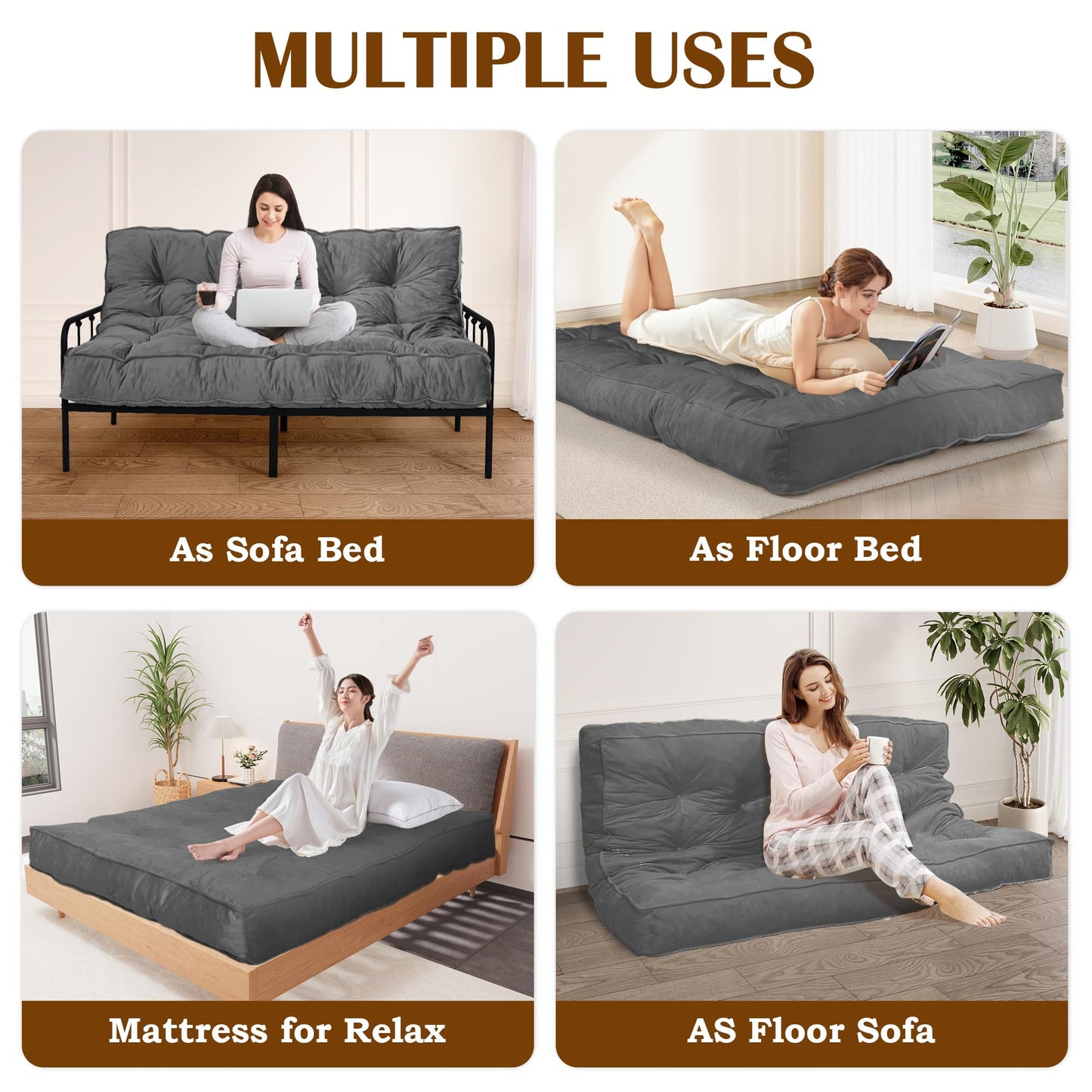 8" Futon Mattress Full Size 54" x 80", Thick Futon Sofa Couch Bed for Adults, Velvet Floor Futon Mattress Shredded Foam Filling, Tatami Sleeping Mat for Camping, Dorm, Dark Gray(Frame Not Included)