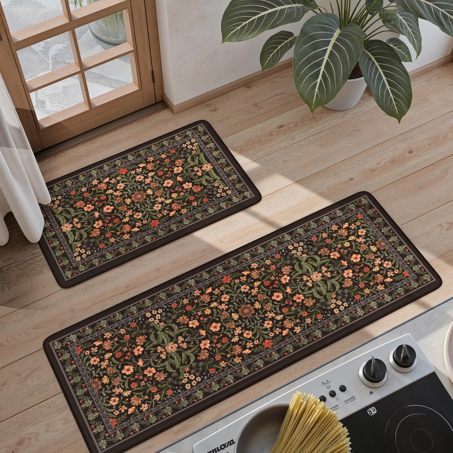 Collive Anti Fatigue Mat for Kitchen Floor, Waterproof Cushioned Sink Mats Non Slip Floral Kitchen Rugs Set of 2, Black Comfort Modern Standing Rug for Office, Laundry, Desk, 17"x30"+17"x47"
