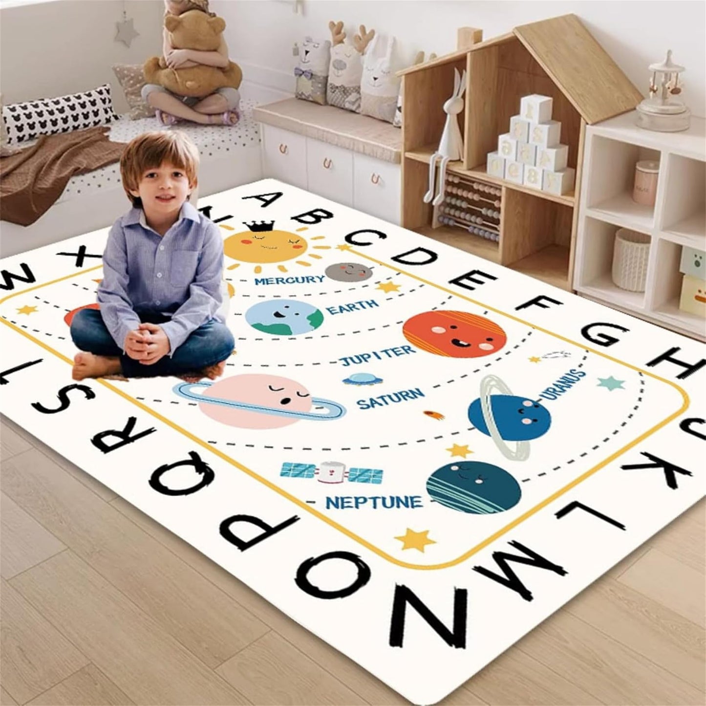Apioiqa Solar System Kids Rug, Alphabet and Planet Carpet for Playroom 4x6, Children's Educational Play Mat ABC Rugs, Outer Space Play Rug