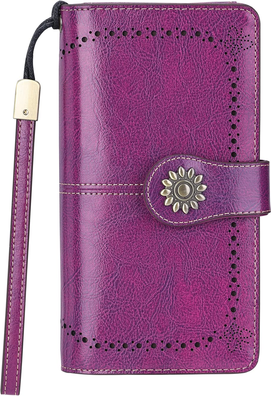 Lavemi Womens Large Capacity Genuine Leather RFID Blocking Wallets Wristlet Clutch Card Holder(Dark Purple)