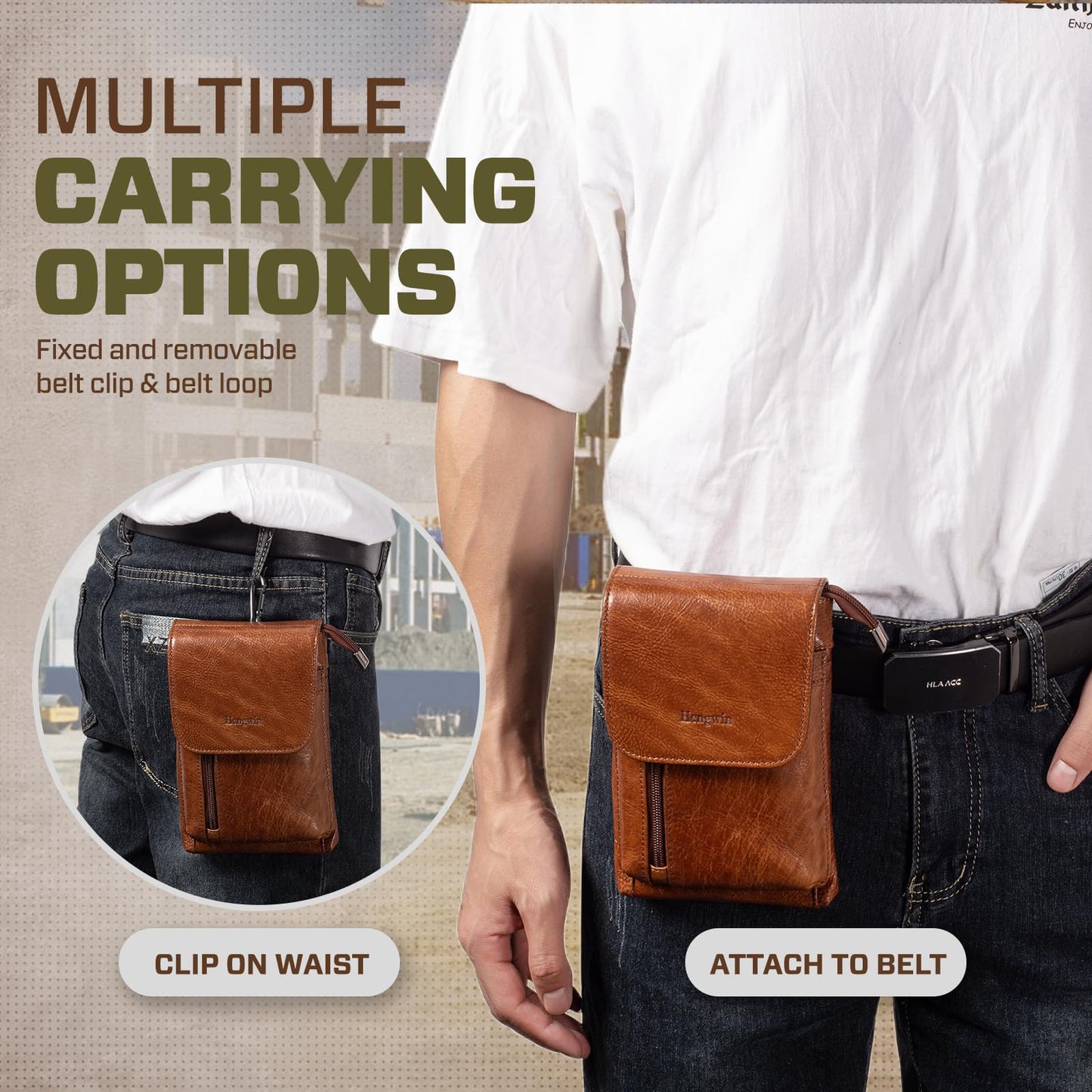 Hengwin Genuine Leather Small Crossbody Bag for Men Women, Cellphone Belt Pouch Bag, Travel Passport Wallet, Shoulder Holster