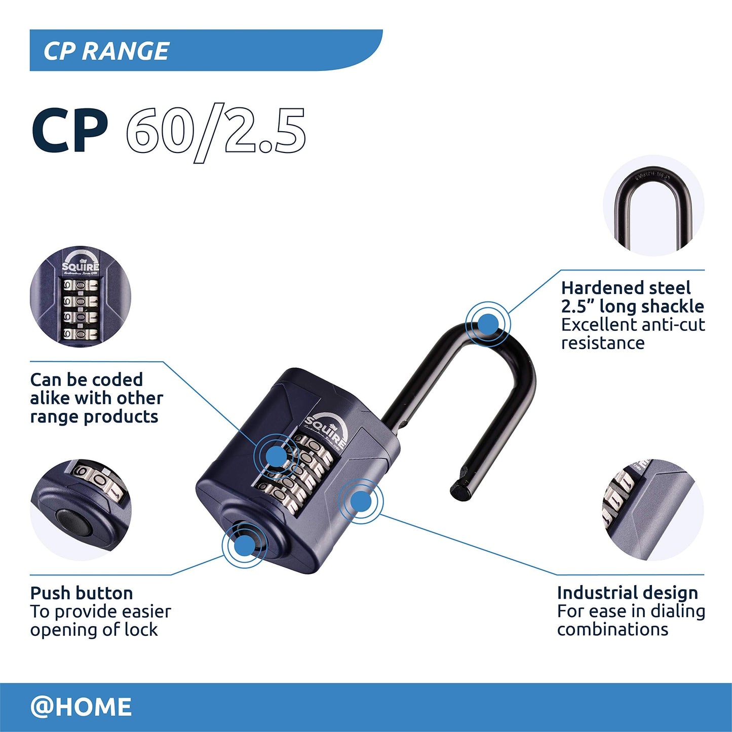 Squire Heavy Duty Padlock CP60/2.5 - Toughest Long Shackle 5 Wheel Combination Padlock, Alloy Steel, Corrosion Resistance, Weatherproof - Blue, 2.36 in