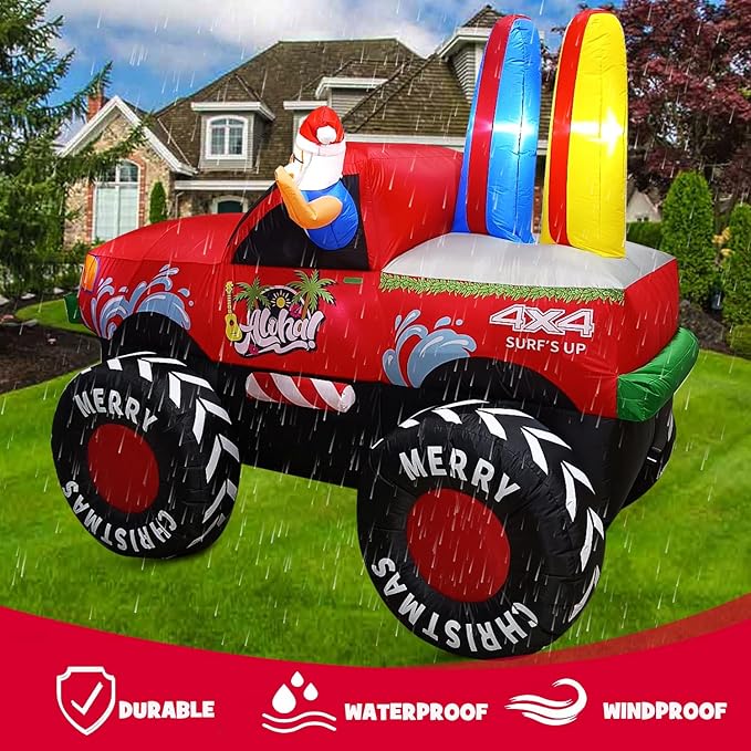 7FT Long Christmas Inflatables Monster Truck Outdoor Decorations, Xmas Blow up Santa Driving Monster Truck, Inflatable Outside Decor for Yard Garden Lawn Party Indoor Home