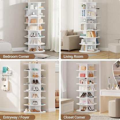 5-Tier Rotating Standing Shelf Unit with Dividers, 360° Storage Display Tower Vertical Floor Organizer, for Bedroom, Closet, Entryway & Office, Ideal for Shoes, Cosmetics & Handbags, White