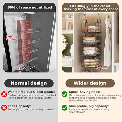 4" Extra Deeper Hanging Closet Organizers and Storage, 4 Tier Foldable Wire