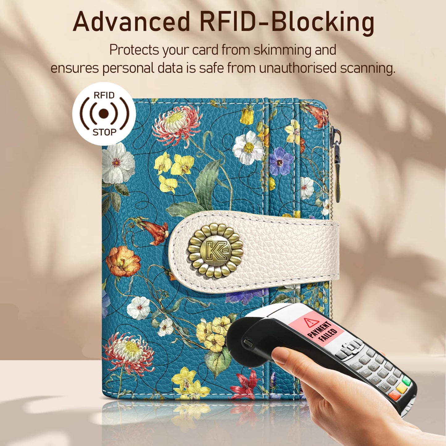 Kelvoris Blue Vibrant Floral Small Rfid Women Wallet Bifold Zipper Coin Pocket PU Leather Compact Cash Credit Card Holder Travel Wallet for Female Ladies Teen Girls 1 ID Window 10 Card Slots