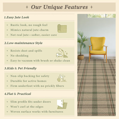JTJ 5x7 Plaid Area Rug for Living Room - Large Indoor Outdoor Rug for Porch, Bedroom Under Bed, Non Slip Modern Farmhouse, Easy Jute Washable Beige and Sage Green Striped Aesthetic Room Decor