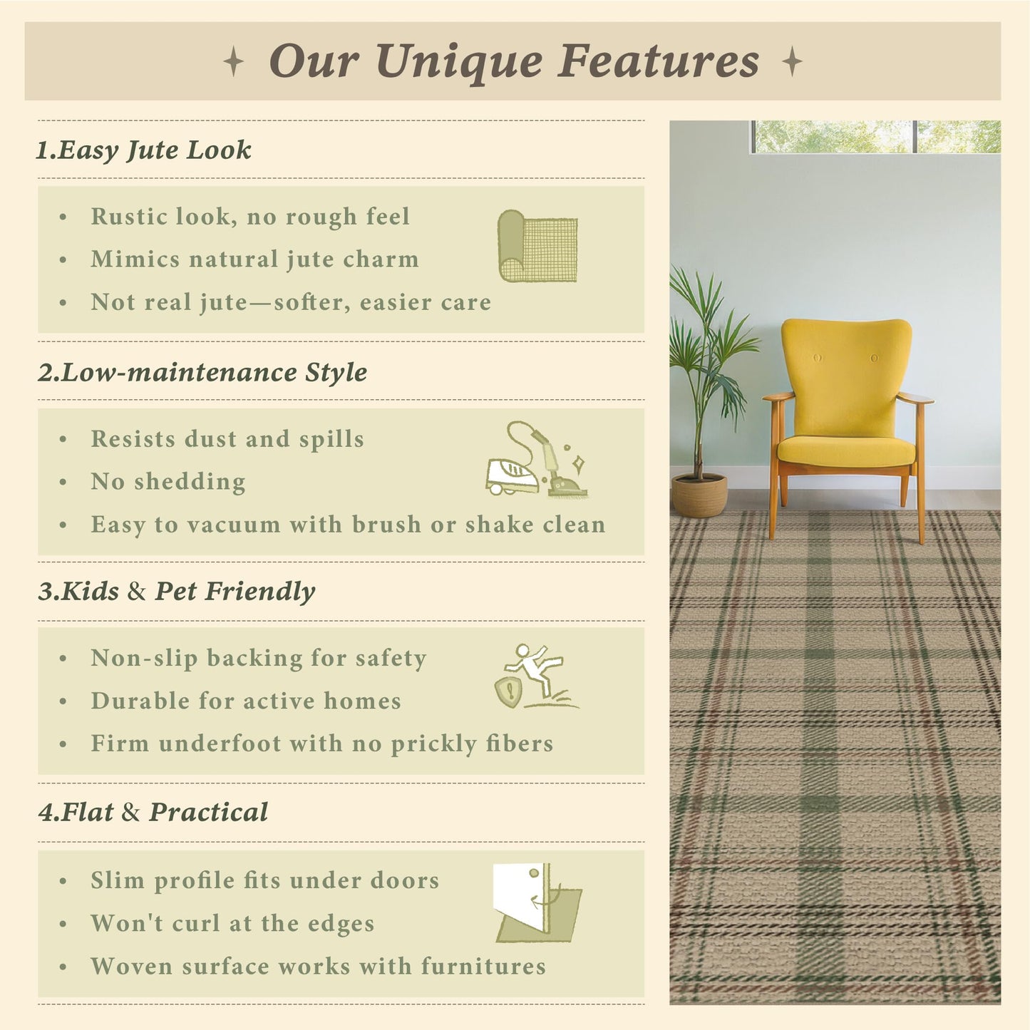 4x6 Easy Jute Large Entryway Rug - Washable Plaid Rug for Small Living Room, Non Slip Farmhouse Decor for Bedroom Bedside, Kitchen, Patio, Porch, Large Foyer Beige & Sage Striped