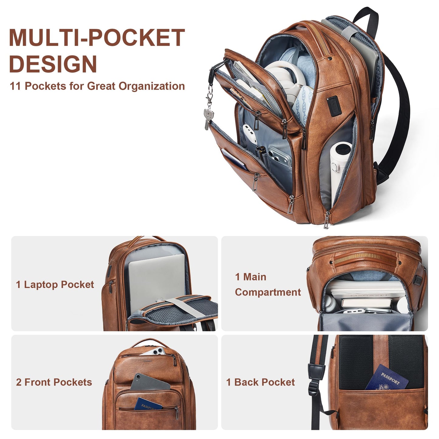 tiamyi Vegan Leather Backpack, 40L Expandable, TSA Travel Backpack for Men and Women, Fits 17.0 Inch Notebook with Luggage Strap and USB Port, Brown