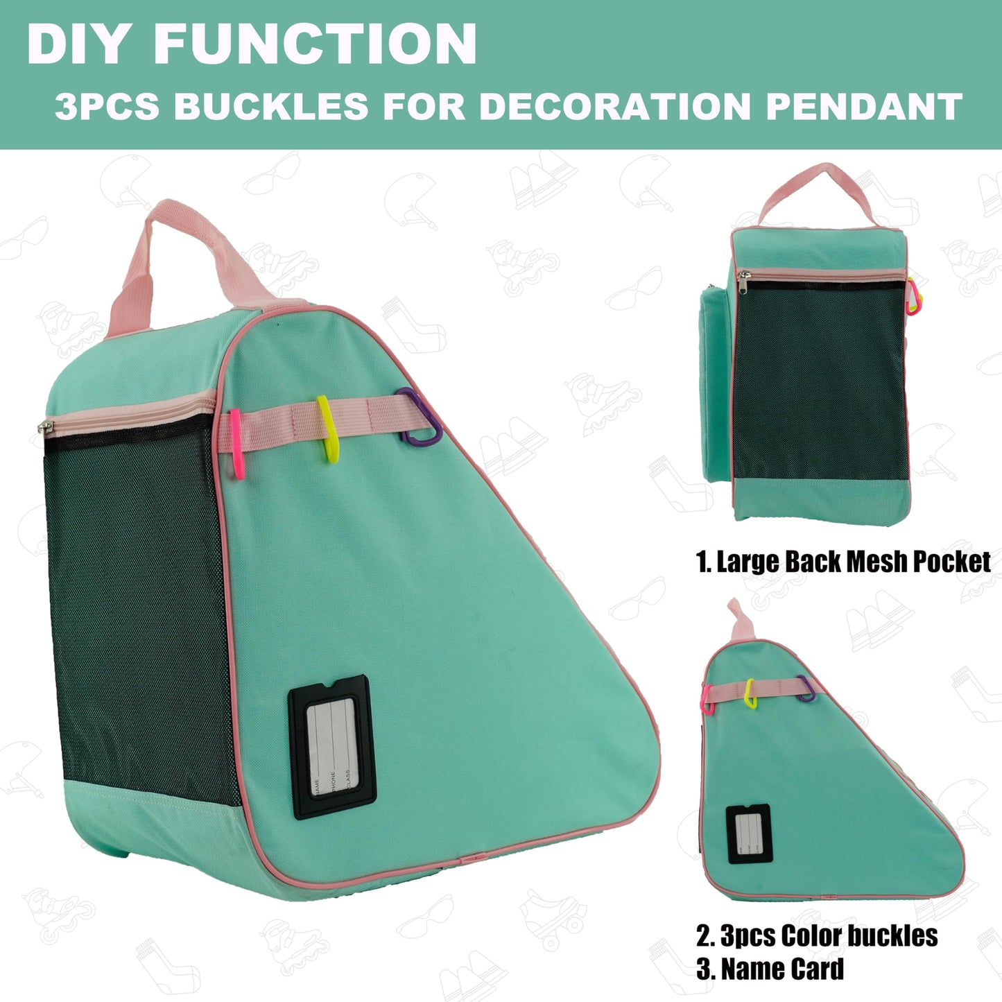 HEXIFUL Skate Bag to Carry Ice Skates, Inline Skates, Roller Skates and Quad Skates for Both Kids and Adults (Mint/Pink)
