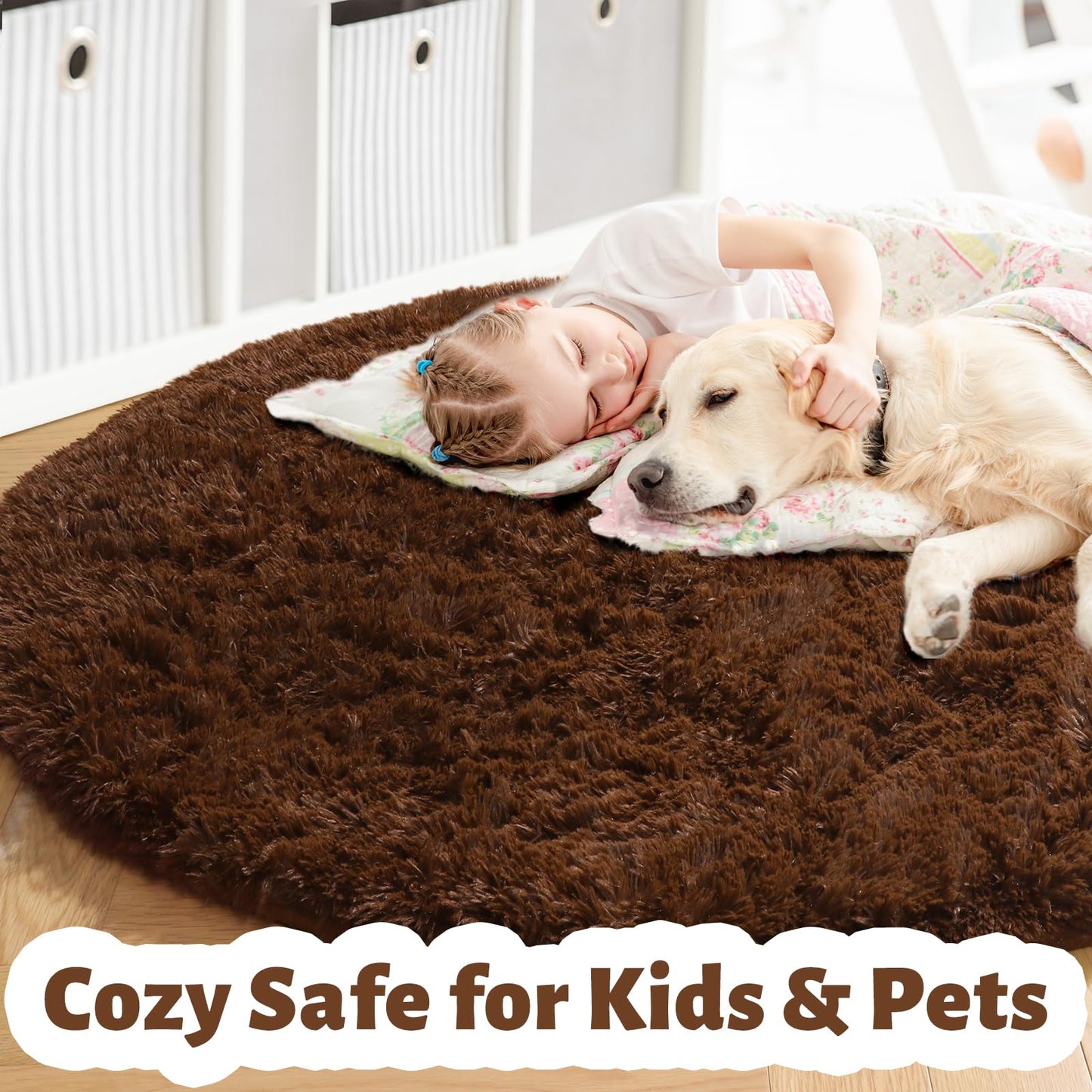 Amdrebio Dark Brown Rug 4Ft for Bedroom, Round Fluffy Shag Plush Area Rugs for Kids Room, Living Room Decor Aesthetic, Fuzzy Fur Floor Chocolate Coffee Circle Carpet for Playroom Dorm Baby Nursery