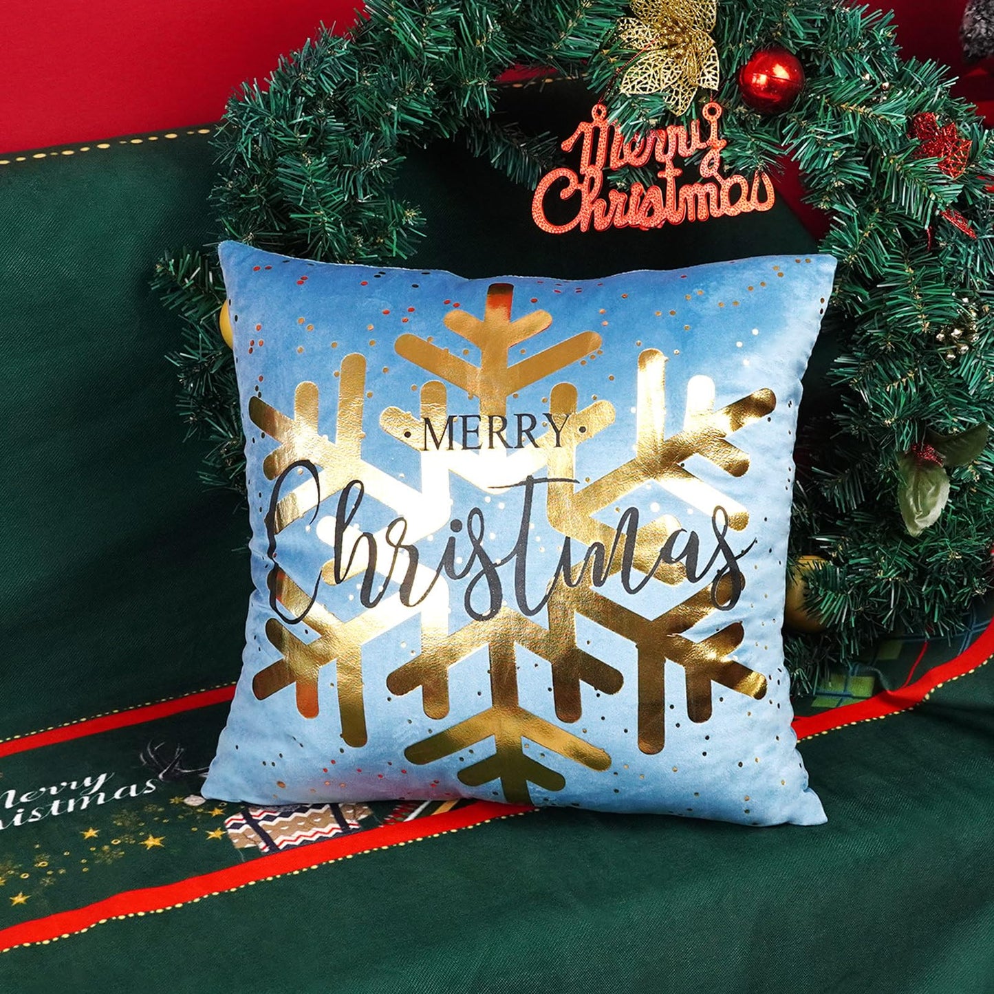 ONWAY Blue Gold White Christmas Decorations Throw Pillow Covers 18x18 Set of 4 Snowflakes Reindeer Decorative Cushion Cases Xmas Golden Decor for Couch Sofa Bedroom