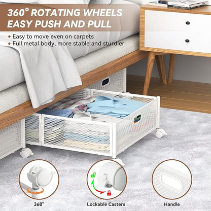 PHINOX Under Bed Storage with wheels, Under the Bed Storage Containers,Upgrade Crossed Iron Wire, Metal Rolling Underbed Storage Containers for Bedroom Clothes Shoes Blankets-2 Pack,White