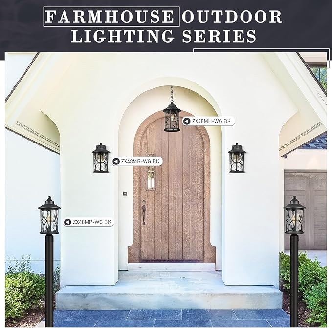 zeyu 14.6 Inch Outdoor Porch Light, Farmhouse 1-Light Outdoor Wall Sconce, Die-Cast Aluminum in Black Finish, Clear Water Ripple Glass, ZX48MB-WG BK