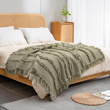 Ultra Soft Pre-Washed Quilted Boho Olive Green King Size Blankets for Bed, Sage Green Ruffle Fringed Decorative Throw, Stone Washed Chic Rustic Blanket for Sofa Couch Bed, 104"*90"