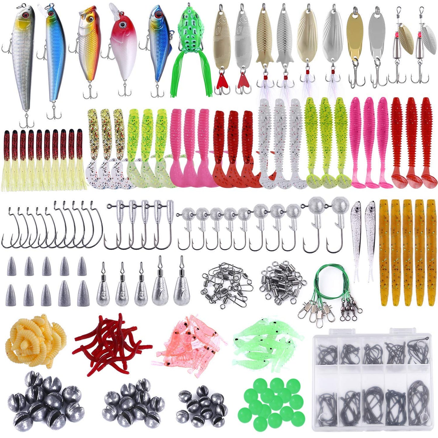 PLUSINNO 302Pcs Fishing Lures, Fishing Tackle Box with Tackle Included, Crankbaits, Spinnerbaits, Hooks, Weights & Accessories - Freshwater Bass Fishing Gear Lure Bait Equipment Kit Gift for Men