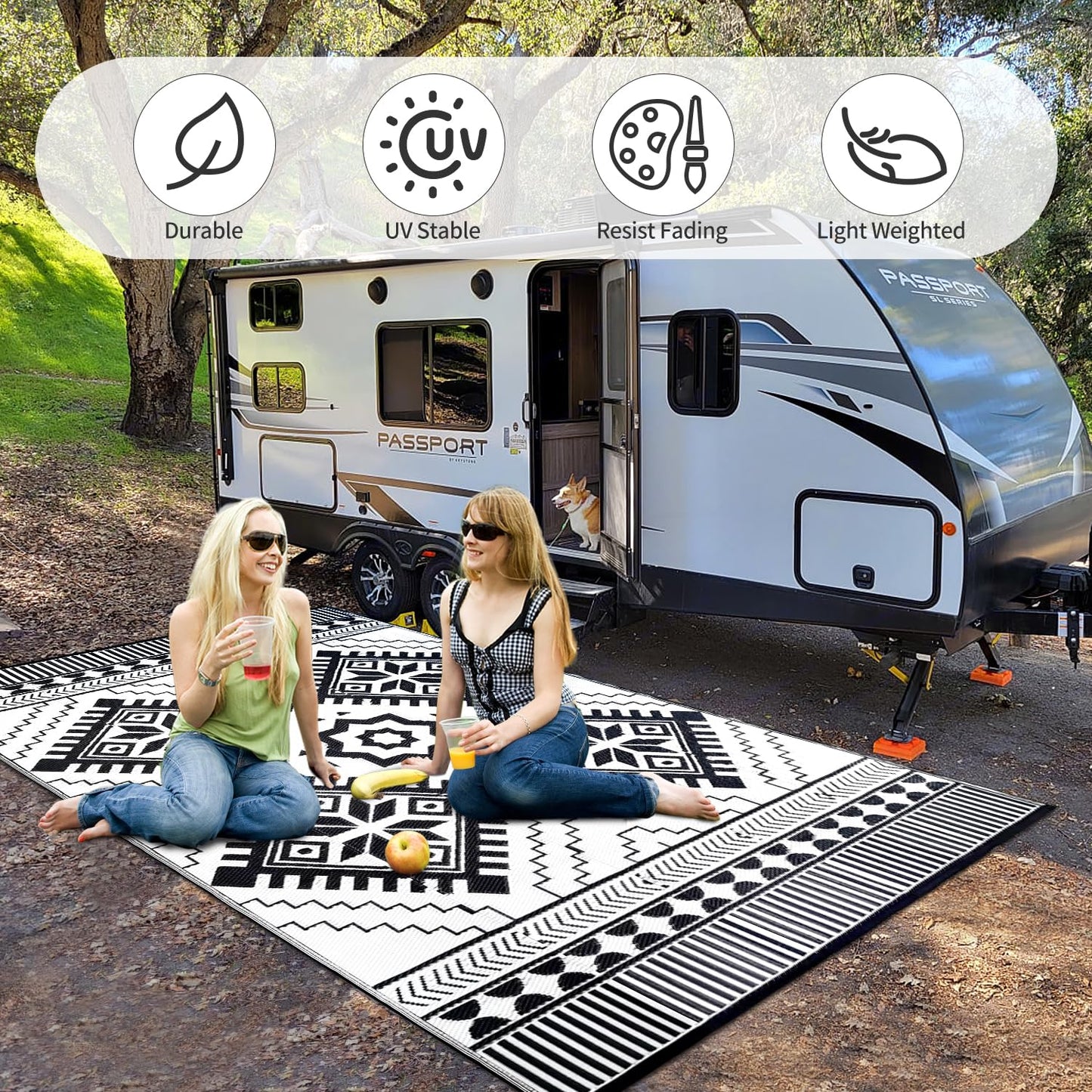 Waterproof Outdoor Rug 6x9ft, Boho Reversible Plastic Straw Mat for Patio RV Deck Porch Backyard Balcony Camping Picnic Beach Indoor Outdoor Carpet, Black&White