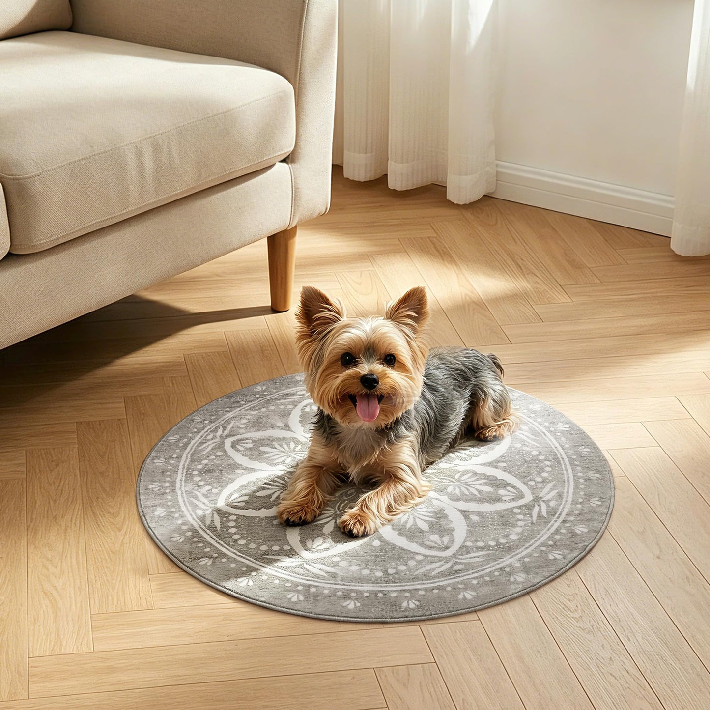 Carvapet 2ft Small Round Rugs - 24 inch/61 cm Mini Doormat Washable Vintage Non-Slip Circle Rug with Rubber Backing Foldable Low Pile Design for Entryway Living Room Bedroom, Grey Mini Rug