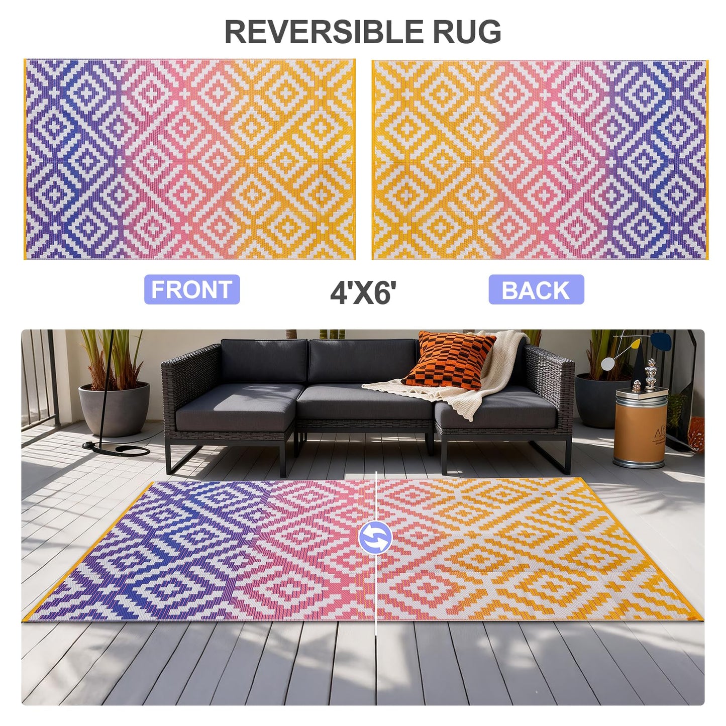 YONILE Outdoor Rug Waterproof for Patio,4x6 ft Outdoor Plastic Straw Rug,Reversible Plastic Area Rugs Mat Outside Carpet for RV, Deck, Porch, Picnic, Beach, Balcony