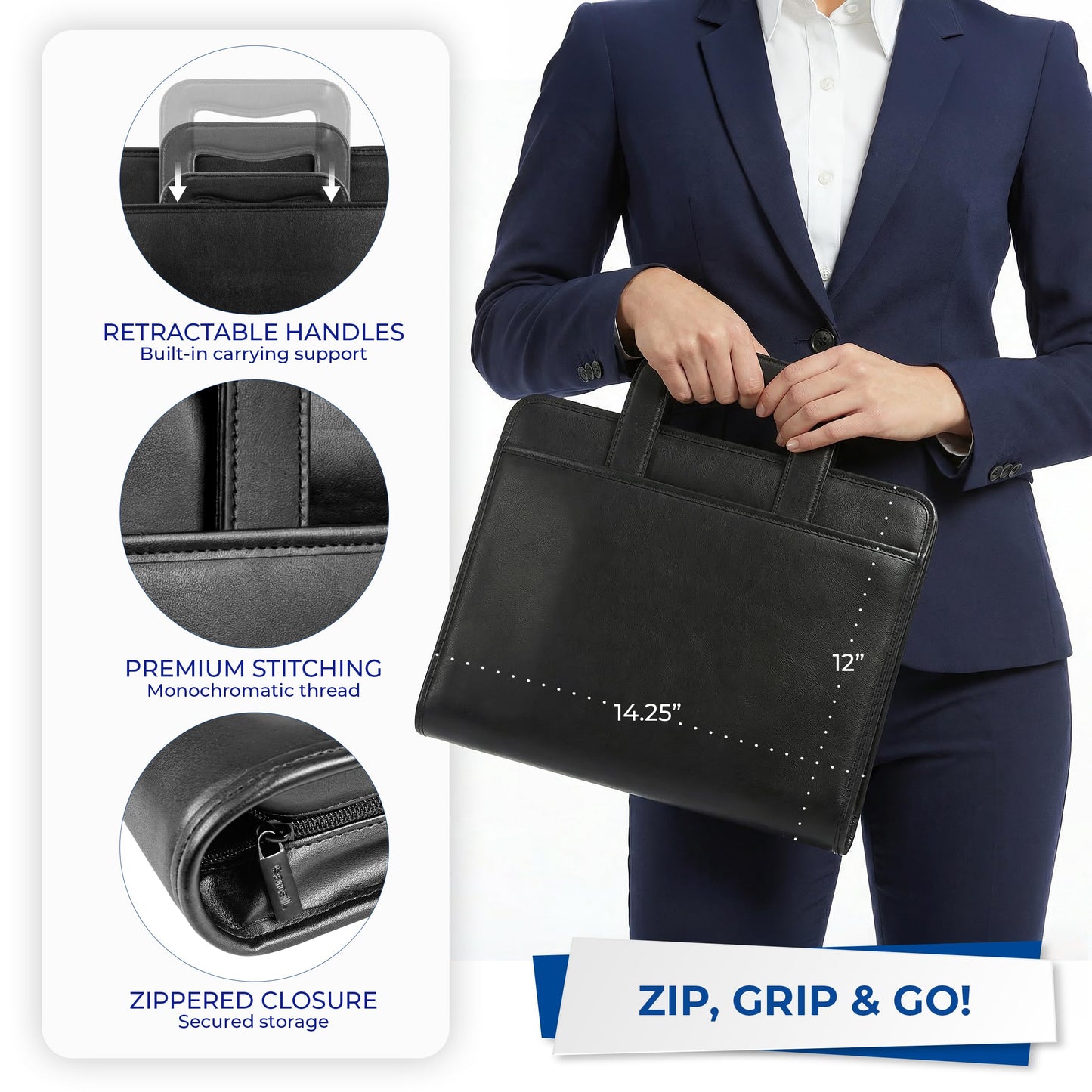 Samsill Professional Padfolio/Portfolio with Zippered Closure Case, 2 Inch Removable Round Ring Binder, Retractable Handles, Interior 10.1” Tablet Sleeve, Black