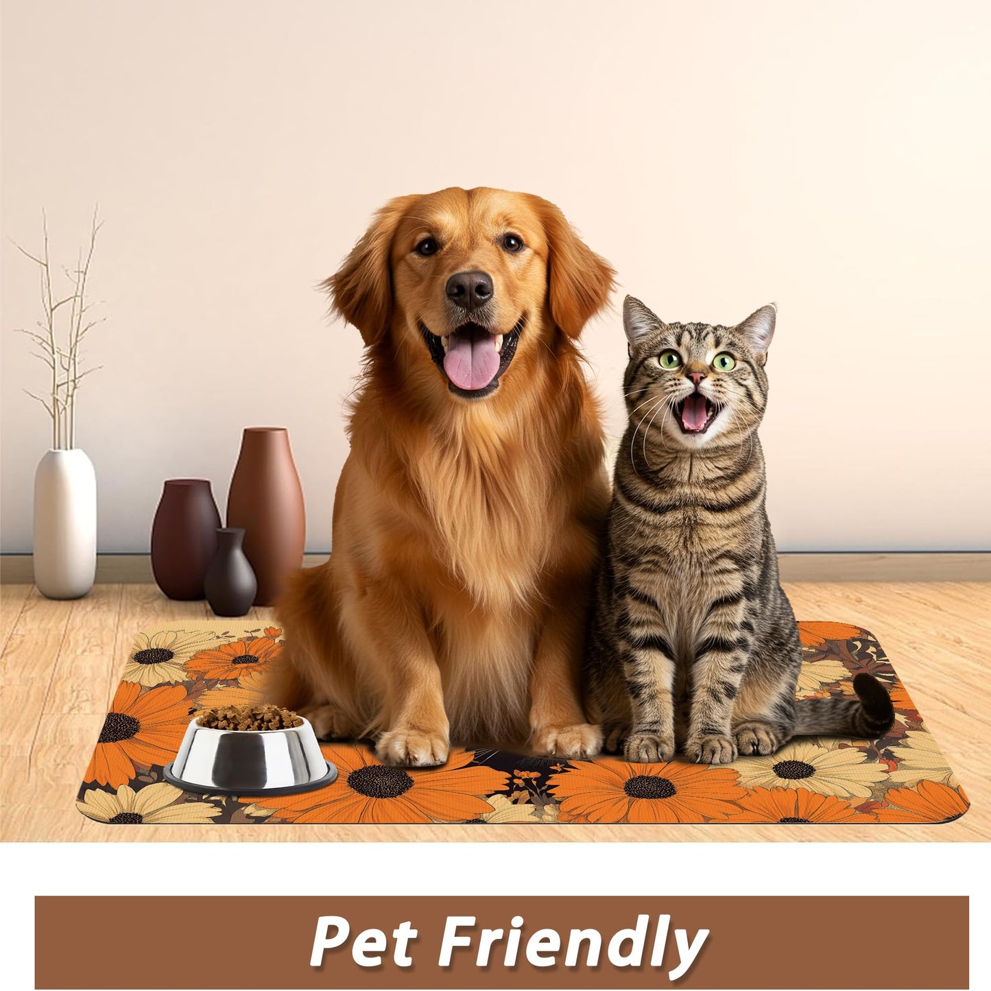 Black Cat Dog Food Mat for Floors,Fall Flower Daisy Absorbent Pet Food and Water Bowl Mats,Non-Slip Pet Feeding Mat,Pet Supplies 12" x 20"